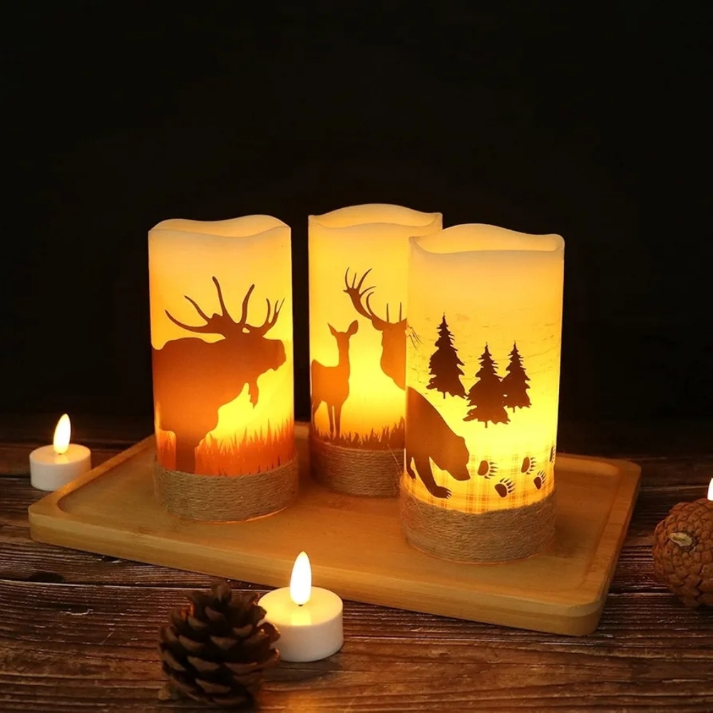 Flameless Flickering Candles Deer, Moose, Bear Decal with Hemp Rope and 6H Timer